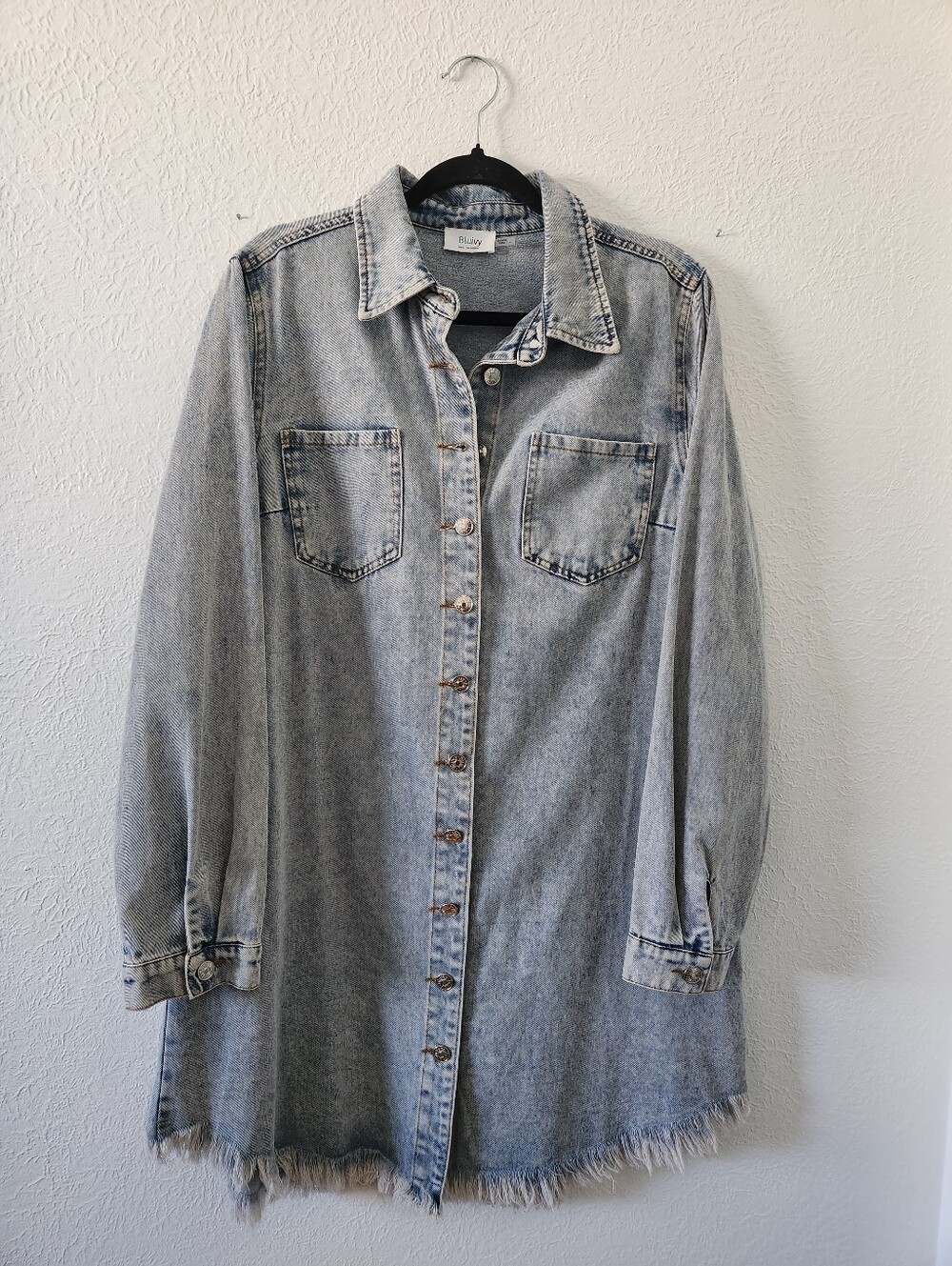 BluIvy Light Wash Denim Shirt Dress with Frayed Hem, Size Large